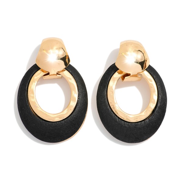 Oval Wood Hoop Drop Earrings Featuring Metal Tone 

- Approximately 1.5" L 