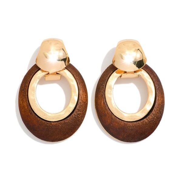 Oval Wood Hoop Drop Earrings Featuring Metal Tone 

- Approximately 1.5" L 