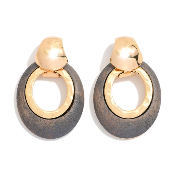 Oval Wood Hoop Drop Earrings Featuring Metal Tone 

- Approximately 1.5" L 