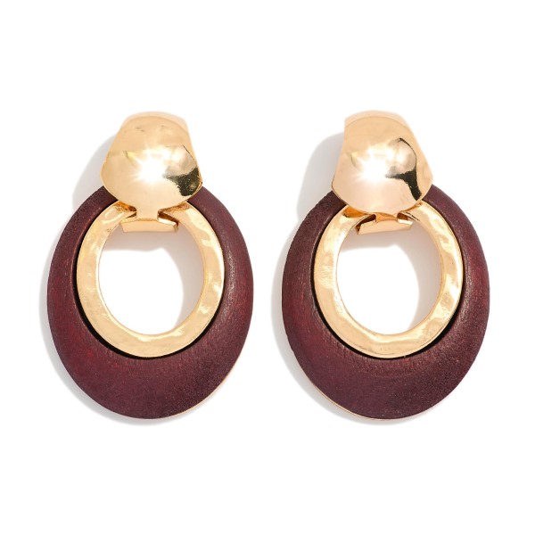 Oval Wood Hoop Drop Earrings Featuring Metal Tone 

- Approximately 1.5" L 