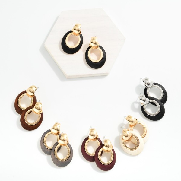 Oval Wood Hoop Drop Earrings Featuring Metal Tone 

- Approximately 1.5" L 