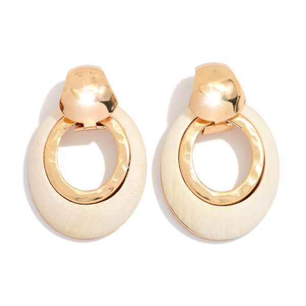Oval Wood Hoop Drop Earrings Featuring Metal Tone 

- Approximately 1.5" L 
