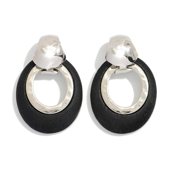 Oval Wood Hoop Drop Earrings Featuring Metal Tone 

- Approximately 1.5" L 
