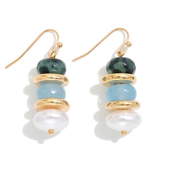 Stacked Beaded Drop Earrings Featuring Gold Tone Rings & Pearls 

- Approximately 1.5" L 