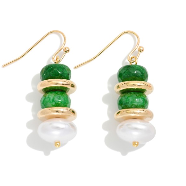Stacked Beaded Drop Earrings Featuring Gold Tone Rings & Pearls 

- Approximately 1.5" L 