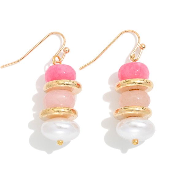 Stacked Beaded Drop Earrings Featuring Gold Tone Rings & Pearls 

- Approximately 1.5" L 