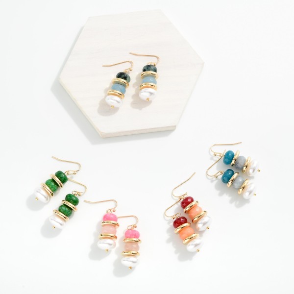 Stacked Beaded Drop Earrings Featuring Gold Tone Rings & Pearls 

- Approximately 1.5" L 