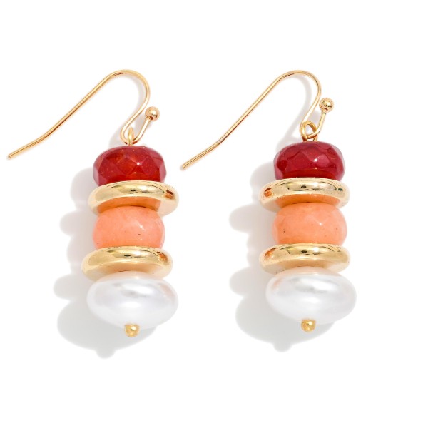 Stacked Beaded Drop Earrings Featuring Gold Tone Rings & Pearls 

- Approximately 1.5" L 