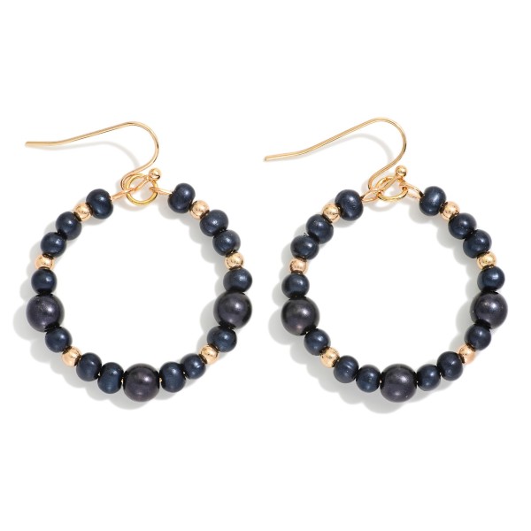 Metallic Beaded Hoop Drop Earring Featuring Metal Tone Bead Stations 

- Approximately 1.75" L 