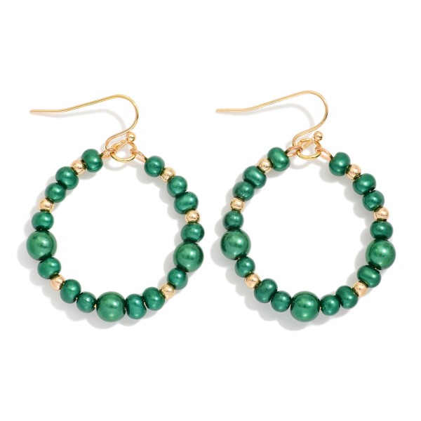 Metallic Beaded Hoop Drop Earring Featuring Metal Tone Bead Stations 

- Approximately 1.75" L 