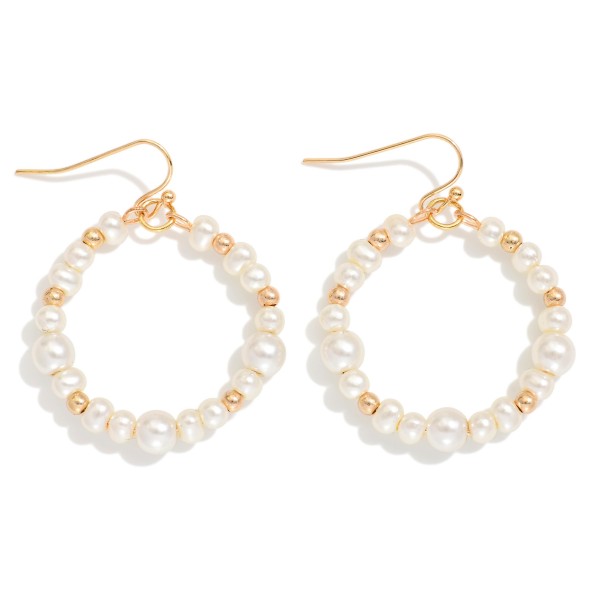 Metallic Beaded Hoop Drop Earring Featuring Metal Tone Bead Stations 

- Approximately 1.75" L 