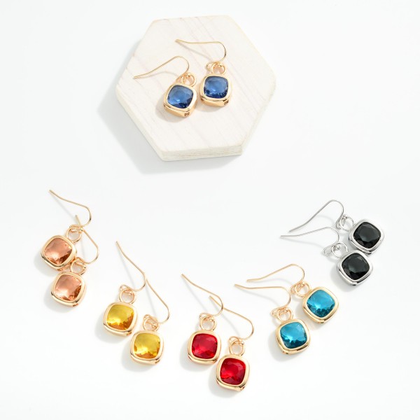 Metal Tone Squared Drop Earrings Featuring Glass Crystals

- Approximately 1" L 