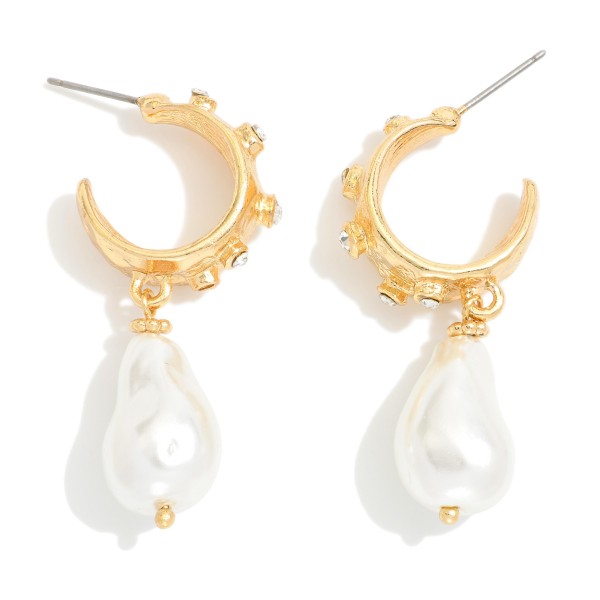 Rhinestone Studded Hoop Earrings Featuring Pearl Dangle Accent 

- Approximately 1.25" L