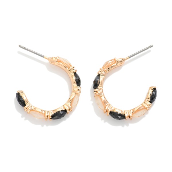 Metal Tone Rhinestone Studded Hoop Drop Earrings 

- Approximately .75" L 