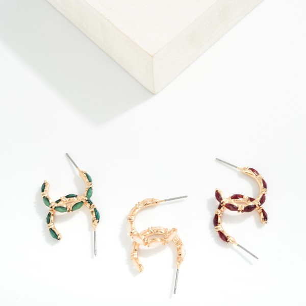 Metal Tone Rhinestone Studded Hoop Drop Earrings 
- Approximately .75" L