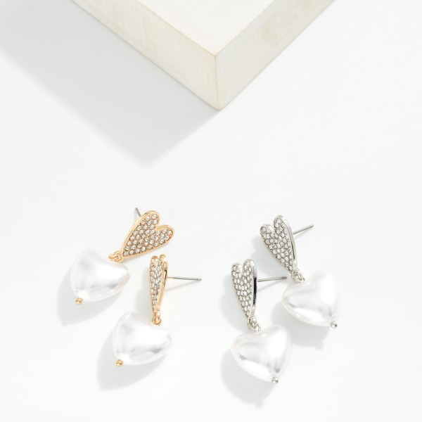 Metal Tone Heart Rhinestone Studded Post Drop Linked Heart Pearl Drop Earrings

- Approximately 1.5" L

