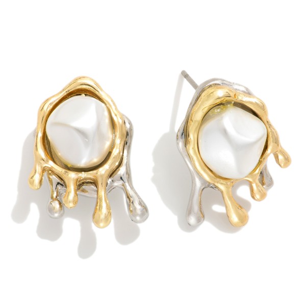 Metal Tone Post Drop Earrings With White Pearl Featuring Two Tone Melting Drips Frame 

- Approximately .75" L 