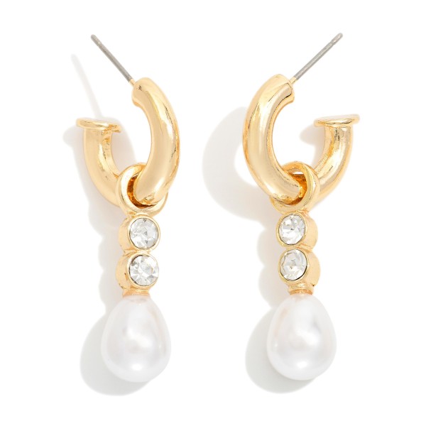 Metal Tone Hoop Earrings Featuring Rhinestone & Pearl Dangle Accent 

- Approximately 1" L