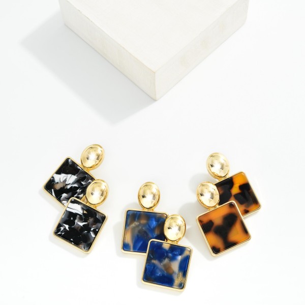 Marbled Acetate Squared Drop Earrings With Metal Tone Oval Post Drop 

- Approximately 1.5" L

