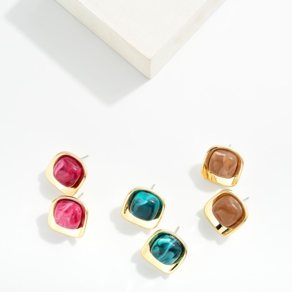 Marble Acetate Squared Post Drop Earring With Metal Tone Border 

- Approximately .75" L 