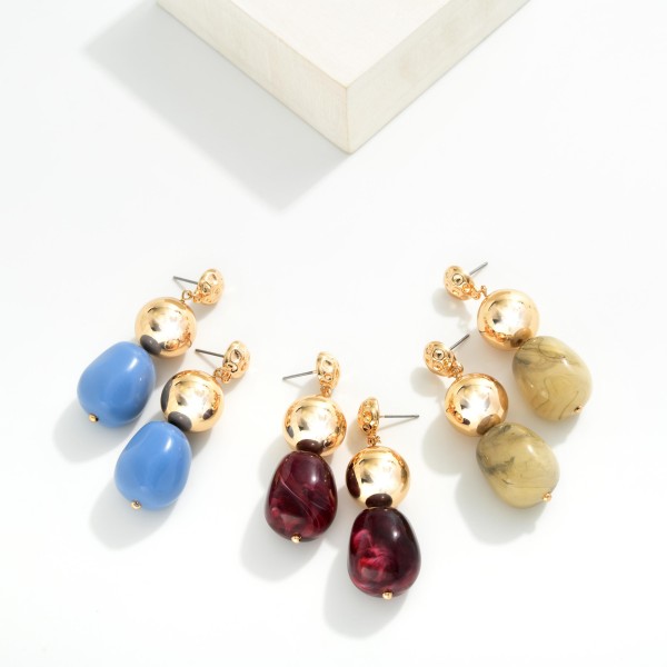 Metal Tone Ball Chain Link Drop Earrings Featuring Natural Stone 

- Approximately 2" L

