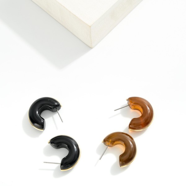 Acetate Half Hoop Earring With Gold Detail 

- approximately 1" D 