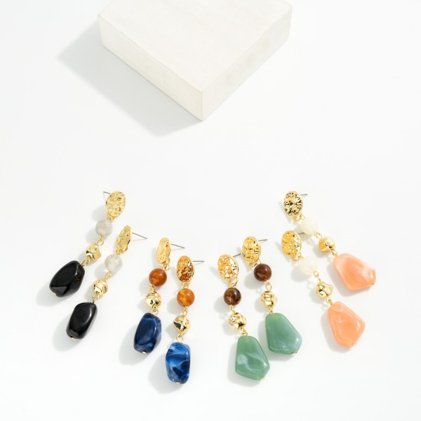 Linked Stone & Metal Tone Nugget Post Drop Earrings 

- Approximately 2.5" L