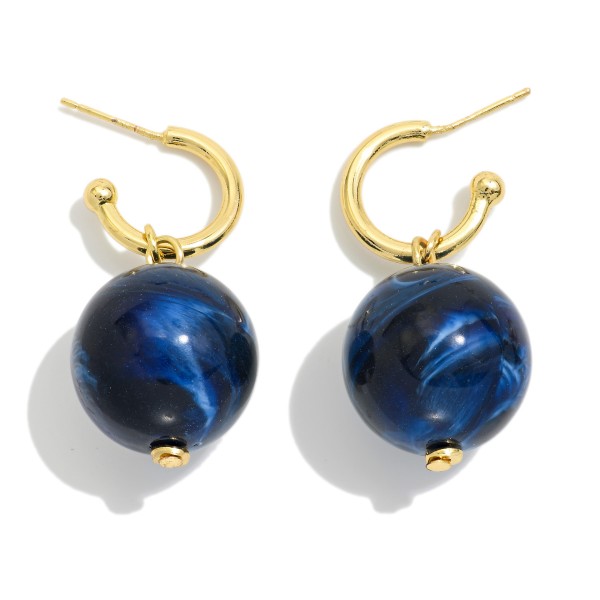 Metal Tone Hoop Earrings Featuring Marbled Acetate Ball Dangle 

- Approximately 1.75" L