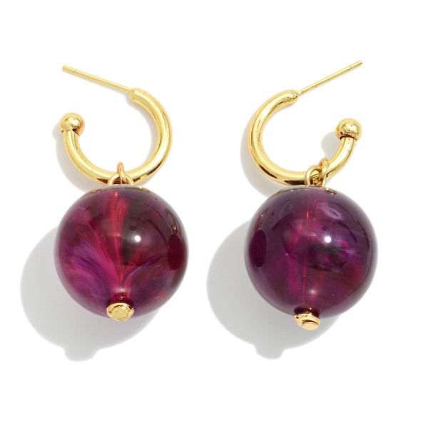 Metal Tone Hoop Earrings Featuring Marbled Acetate Ball Dangle 

- Approximately 1.75" L