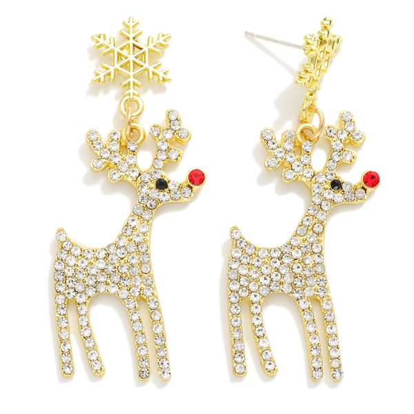 Rhinestone Reindeer Post Drop Earrings Featuring Snowflake Post

- Approximately 2" L