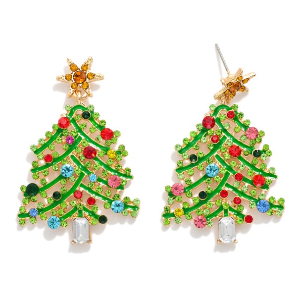 Enamel & Rhinestone Christmas Tree Post Drop Earrings 

- Approximately 1.75" L