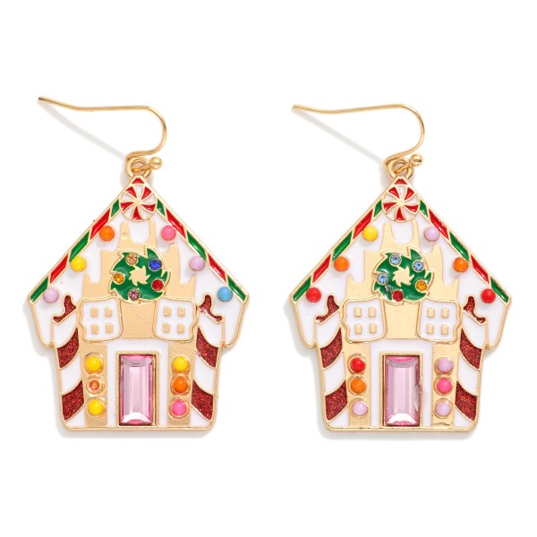 Enamel Gingerbread House Drop Earrings 

- Approximately 2" L