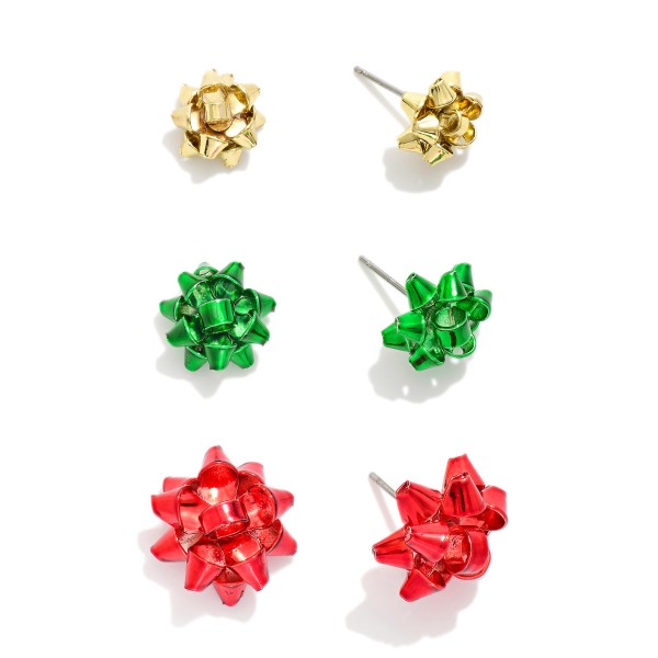 Set Of Three Metallic Christmas Bow Stud Earrings 

- Approximately .25-.75" L
