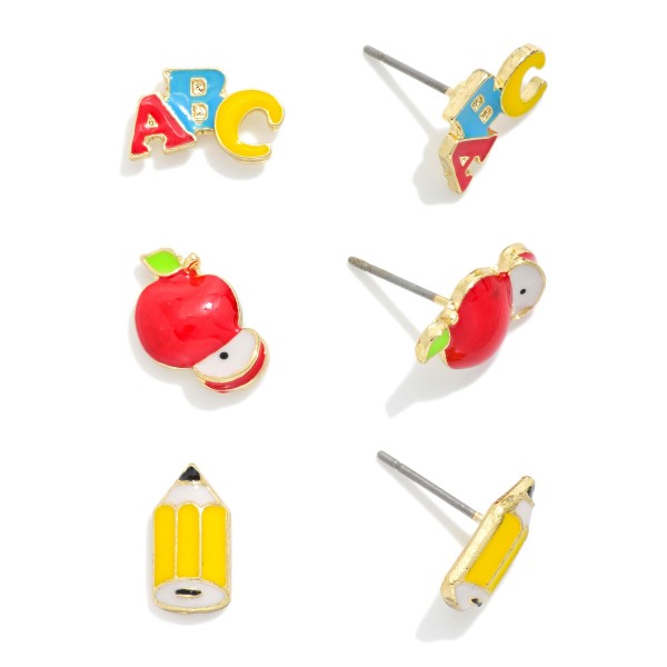 Set Of Three Enamel Teacher Stud Earrings 

- Approximately .5" L