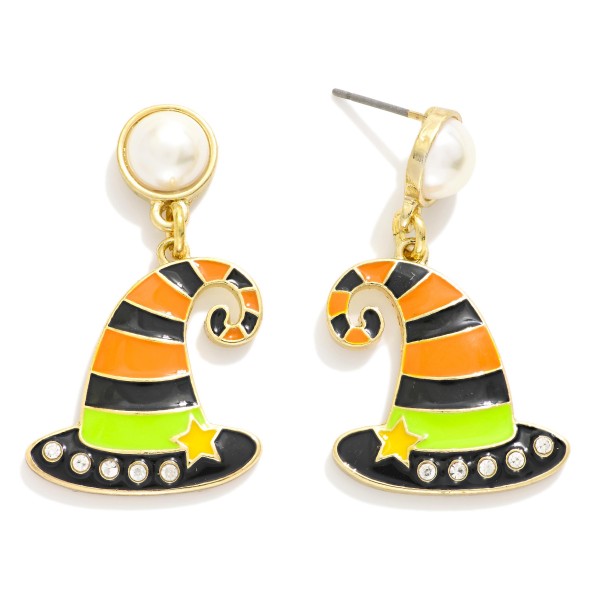 Enamel Witch Hat Drop Earrings With Pearl Post Drop Earring

- Approximately 1.5" L 
