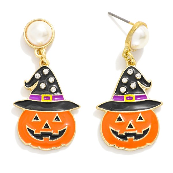 Enamel Halloween Pumpkin Drop Earrings With Pearl Post Drop 

- Approximately 1.5" L
