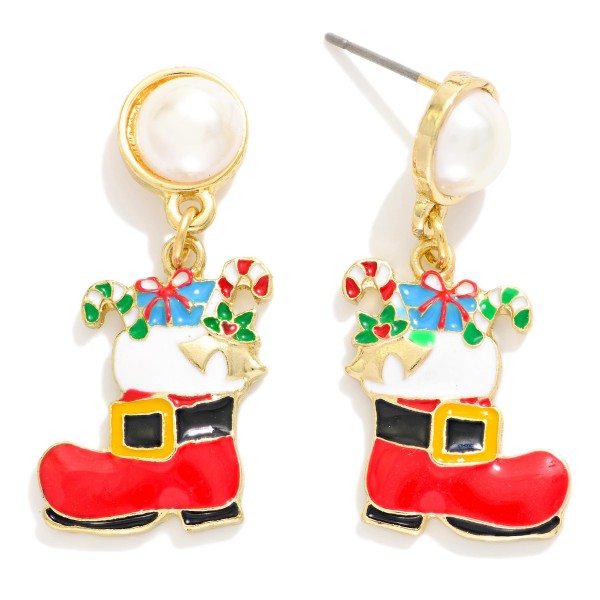 Enamel Christmas Santa Boot Earrings With Pearl Post Drop 

- Approximately 1.75" L
