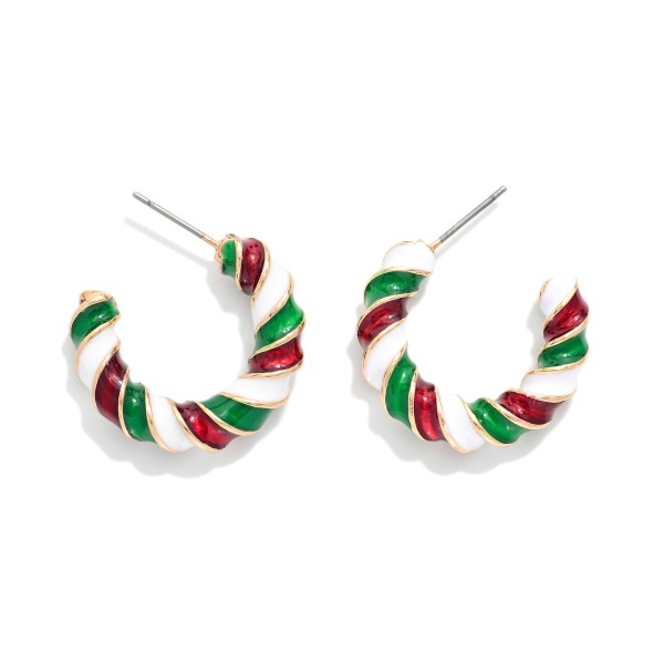 Enamel Striped Christmas Hoop Earrings 

- Gold Dipped
- Approximately .75" D