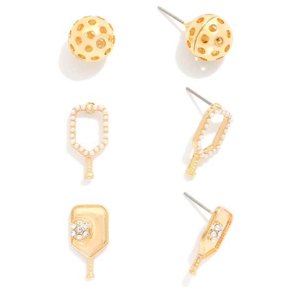 Set Of Three Metal Pickleball & Pickleball Racket Stud Earrings With Rhinestone & Pearl Details

- Approximately .5"- .75" L
- Gold Dipped 

