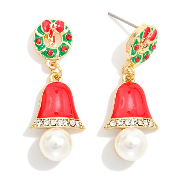 Enamel Christmas Wreath & Bell Drop Earrings Featuring Pearl & Rhinestones

- Gold Dipped
- Approximately 1.5" L