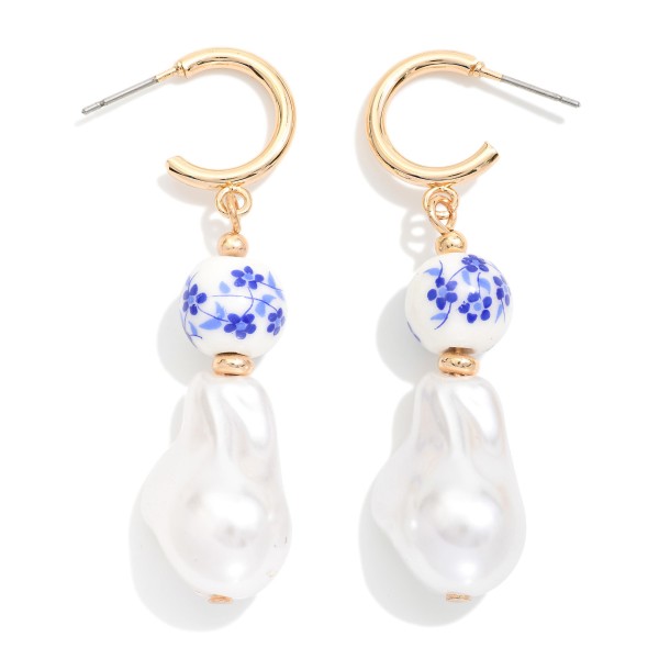 Pearl & Chinoiserie Bead Hoop Drop Earrings 

- Gold Dipped 
- Approximately 2" L