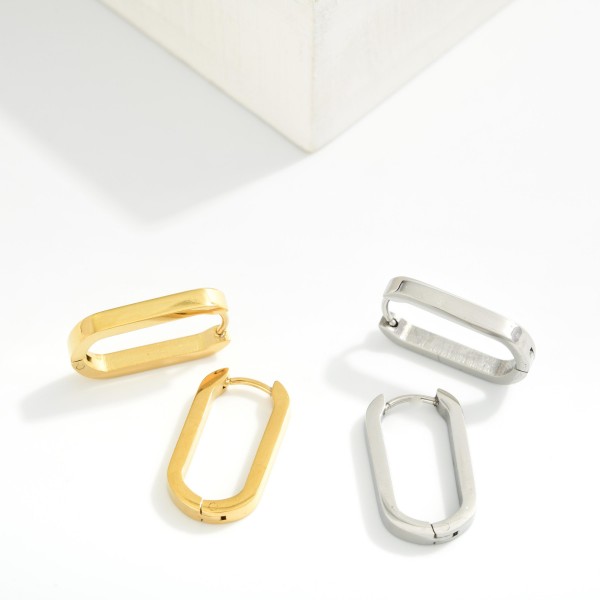 Metal Tone Oval Hinged Hoop Earrings 

- Stainless Steel
- Water Resistant
- Approximately 1" L
