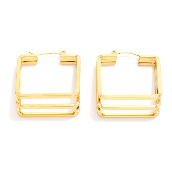 Metal Tone Layered Square Hoop Earrings 

- Stainless Steel
- Water Resistant
- Approximately 1" D