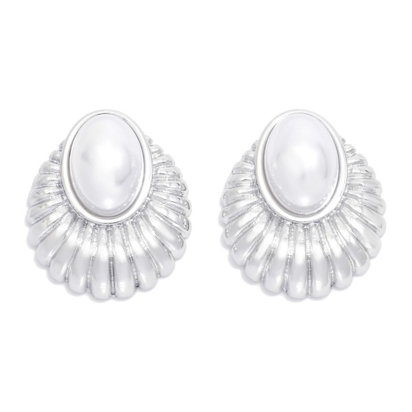 Wholesale ribbed Metal Post Drop Earrings Pearl Detail Stainless Steel Water Res