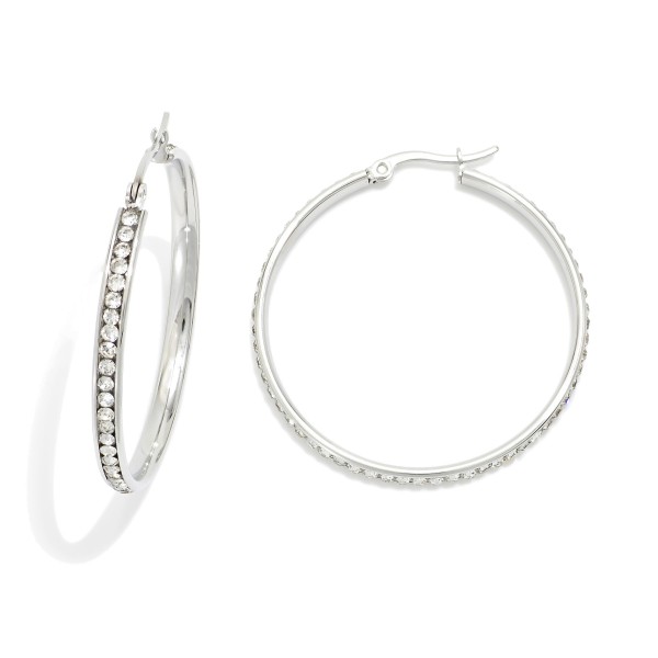 Rhinestone Studded Hoop Earrings 

- Stainless Steel
- Water Resistant
- Approximately 1.25" D