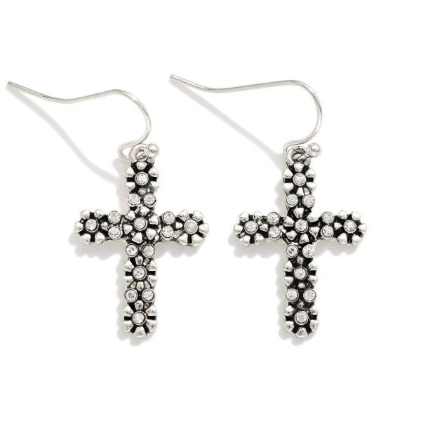 Flower & Rhinestone Metal Tone Cross Drop Earrings 

- Approximately 1" L