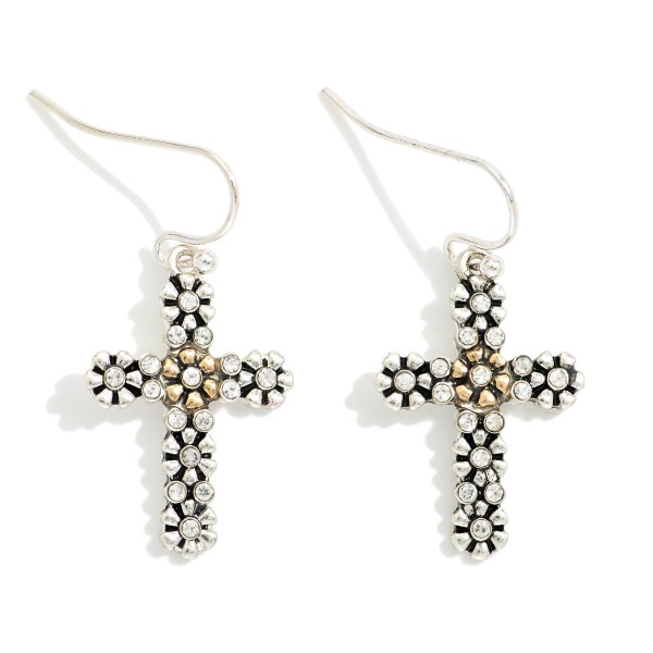 Flower & Rhinestone Metal Tone Cross Drop Earrings 

- Approximately 1" L