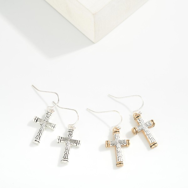 Textured Metal Cross Drop Earrings 

- Approximately 1" L