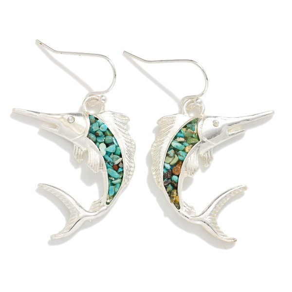 Metal Tone & Stone Swordfish Drop Earrings 

- Approximately 1.5" L