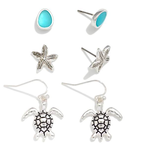 Set Of Three Stud & Drop Earrings Featuring Turtles & Starfish 

- Approximately .5"-.75" L
 